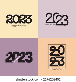 Collection of 2023 Happy New Year logo text design. Сoncept 2023 number design template. Vector colored 2023 Happy New Year symbols. Illustration with black labels isolated on colorful background.