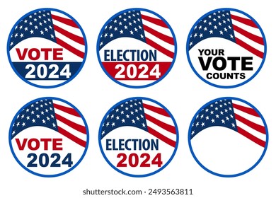 Collection of 2024 election vote buttons with USA flag - Vector Illustration