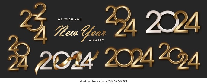 Collection 2024 gold numbers for New Year greeting cards, banners or posters vector illustration. Compositions from golden numbers 2024