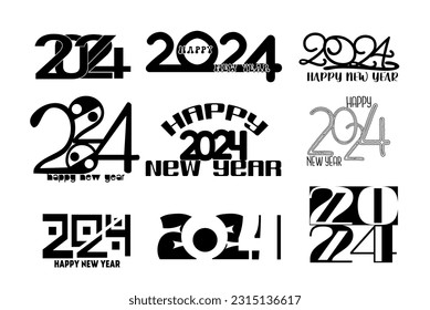 Collection of 2024 number design template. 2024 Happy New Year logo text design. Vector illustration set with black labels logo for diaries, notebooks, calendars.