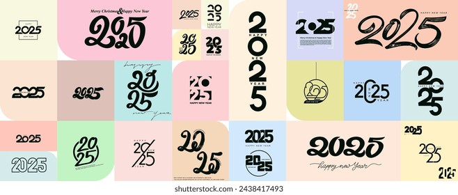 Collection of 2025 Happy New Year.Big Set of 2025 number design template. Vector 2025 New Year logo text design. Christmas of 2025 Happy New Year labels logo for diaries, notebooks, calendars.