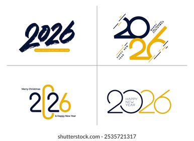 Collection of 2026 Happy New Year Lettering and logo. 2026 Happy New Year Background Design. 2026 gold, yellow numbers design template. Vector with labels, logo isolated on white background.