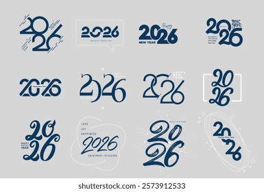 Collection of 2026 logo black number for New Year celebration, calendar and cover. Set of 2026 New Year design lettering, caligrafia, hand draw numbers. Vector illustration.