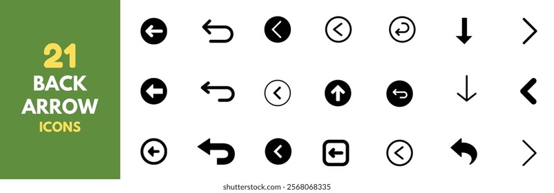 Collection of 21 back arrow icons for UI and UX design. Clean and minimalist back arrow icons. Line style with circular and straight variations.Vector format.