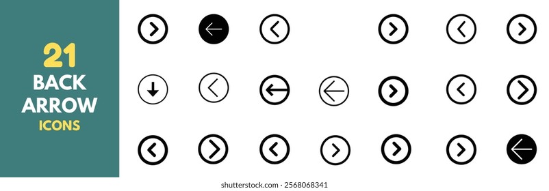 Collection of 21 back arrow icons for UI and UX design. Clean and minimalist back arrow icons. Line style with circular and straight variations.Vector format.