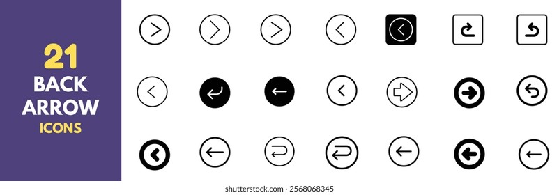 Collection of 21 back arrow icons for UI and UX design. Clean and minimalist back arrow icons. Line style with circular and straight variations.Vector format.