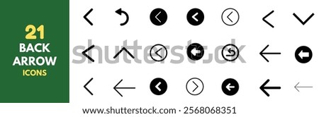 Collection of 21 back arrow icons for UI and UX design. Clean and minimalist back arrow icons. Line style with circular and straight variations.Vector format.