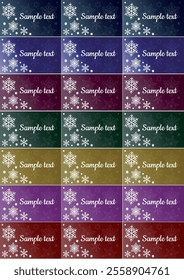 Collection of 21 colorful Christmas gift tags labels on A4 page with white various snowflakes and stars. Set of printable color gradient editable holiday stickers with copy space. Vector EPS10