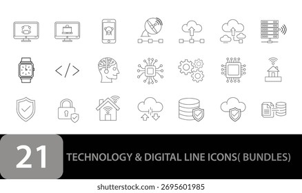Colección de 21 iconos de arte de líneas dibujadas a mano que representan la tecnología y los conceptos digitales en un estilo moderno limpio