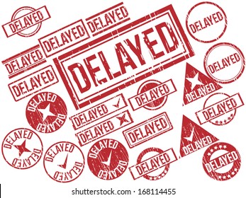 Collection of 21 red grunge rubber stamps with text "DELAYED" . Vector illustration