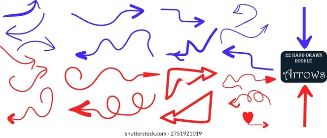 Collection of 22 hand-drawn red and blue doodle arrow vector design elements