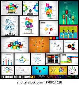 Collection of 22 Infographics for social media and clouds. Flat style UI design elements for your business projects, seo diagrams and solution ranking presentazions