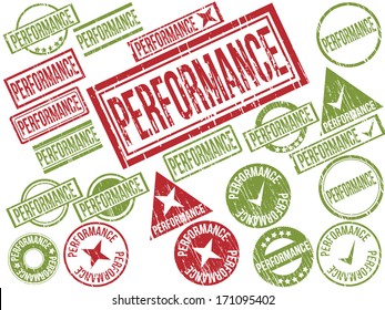 Collection of 22 red and green grunge rubber stamps with text "Performance" . Vector illustration