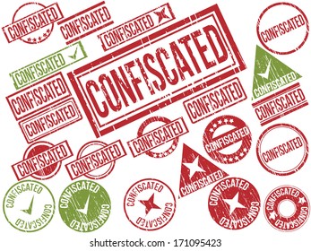 Collection of 22 red and green grunge rubber stamps with text "Confiscated" . Vector illustration