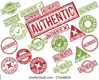 Collection of 22 red and green grunge rubber stamps with text "AUTHENTIC" . Vector illustration