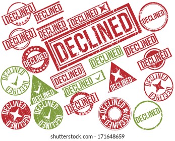 Collection of 22 red and green grunge rubber stamps with text "DECLINED" . Vector illustration