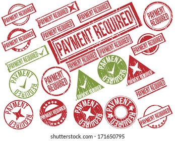 Collection of 22 red and green grunge rubber stamps with text "PAYMENT REQUIRED" . Vector illustration