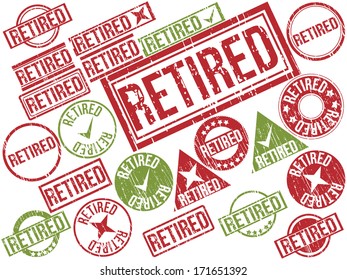 Collection of 22 red and green grunge rubber stamps with text "RETIRED" . Vector illustration