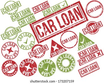 Collection of 22 red and green grunge rubber stamps with text "CAR LOAN" . Vector illustration