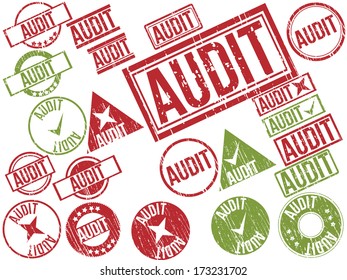 Collection of 22 red and green grunge rubber stamps with text "AUDIT" . Vector illustration