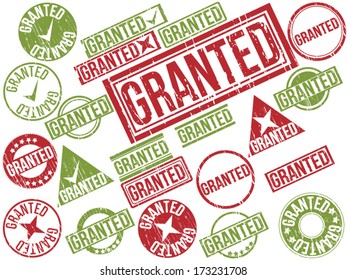 Collection of 22 red and green grunge rubber stamps with text "GRANTED" . Vector illustration