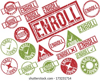 Collection of 22 red and green grunge rubber stamps with text "ENROLL" . Vector illustration