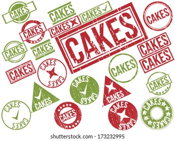 Collection of 22 red and green grunge rubber stamps with text "CAKES" . Vector illustration