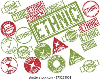 Collection of 22 red and green grunge rubber stamps with text "ETHNIC" . Vector illustration