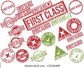 Collection of 22 red and green grunge rubber stamps with text "FIRST CLASS" . Vector illustration