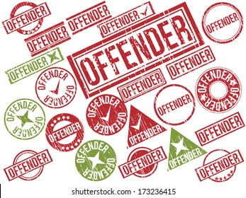 Collection of 22 red and green grunge rubber stamps with text "OFFENDER" . Vector illustration