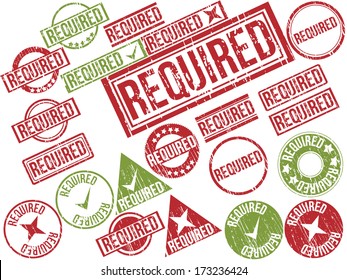 Collection of 22 red and green grunge rubber stamps with text "REQUIRED" . Vector illustration