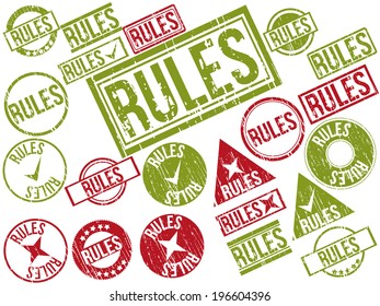 Collection of 22 red and green grunge rubber stamps with text "RULES" . Vector illustration.