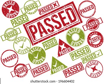 Collection of 22 red and green grunge rubber stamps with text "PASSED" . Vector illustration.