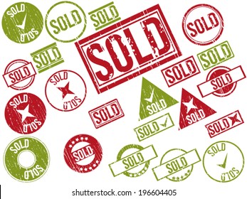 Collection of 22 red and green grunge rubber stamps with text "SOLD" . Vector illustration.