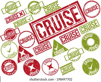 Collection of 22 red and green grunge rubber stamps with text "CRUISE" . Vector illustration.