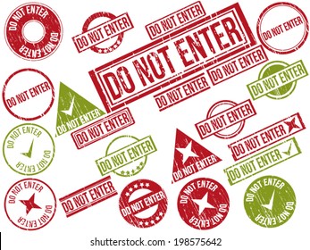 Collection of 22 red and green grunge rubber stamps with text "DO NOT ENTER" . Vector illustration