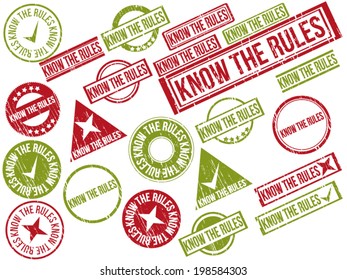 Collection of 22 red and green grunge rubber stamps with text "KNOW THE RULES" . Vector illustration