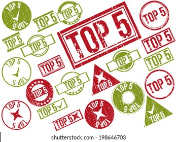 Collection of 22 red and green grunge rubber stamps with text "TOP 5" . Vector illustration