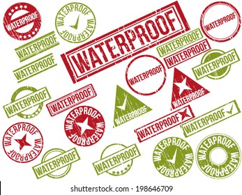 Collection of 22 red and green grunge rubber stamps with text "WATERPROOF" . Vector illustration