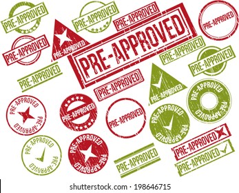 Collection of 22 red and green grunge rubber stamps with text "PRE-APPROVED" . Vector illustration