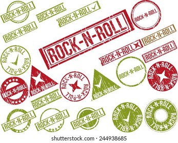 Collection of 22 red and green grunge rubber stamps with text "ROCK-N-ROLL" . Vector illustration