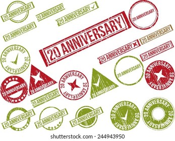 Collection of 22 red and green grunge rubber stamps with text "20 ANNIVERSARY" . Vector illustration