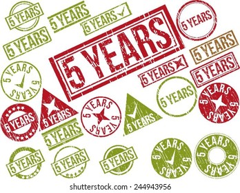 Collection of 22 red and green grunge rubber stamps with text "5 YEARS" . Vector illustration