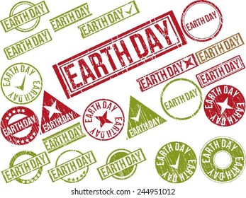 Collection of 22 red and green grunge rubber stamps with text "EARTH DAY" . Vector illustration