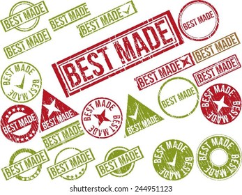 Collection of 22 red and green grunge rubber stamps with text "BEST MADE" . Vector illustration