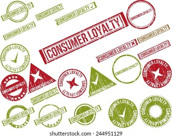 Collection of 22 red and green grunge rubber stamps with text "CONSUMER LOYALTY" . Vector illustration