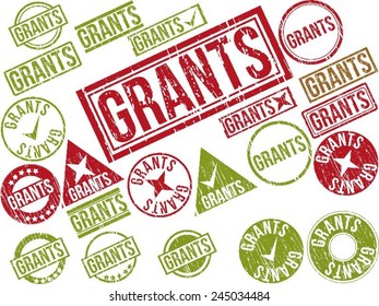 Collection of 22 red and green grunge rubber stamps with text "GRANTS" . Vector illustration