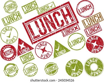 Collection of 22 red and green grunge rubber stamps with text "LUNCH" . Vector illustration