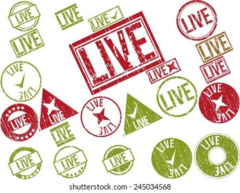 Collection of 22 red and green grunge rubber stamps with text "LIVE" . Vector illustration