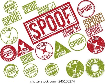 Collection of 22 red and green grunge rubber stamps with text "SPOOF" . Vector illustration